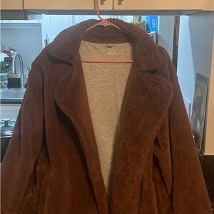 Aerie Brown Teddy Jacket with Plush Texture and Wide Lapel